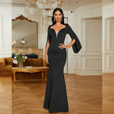 Elegant Long Sleeved Long Knitted V neck Annual Meeting Hip Wrapped Evening Dress Bridesmaid Dress for